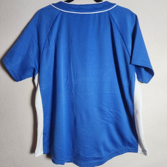 Chicago Cubs Jersey Womens XL Blue White MLB Baseball Button Front Script Raglan - Picture 7 of 9